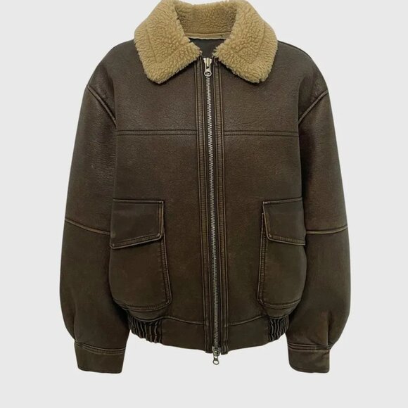 Maybebaby Faux Leather Oversized Shearling Bomber Jacket in Brown XS-M - Picture 3 of 12